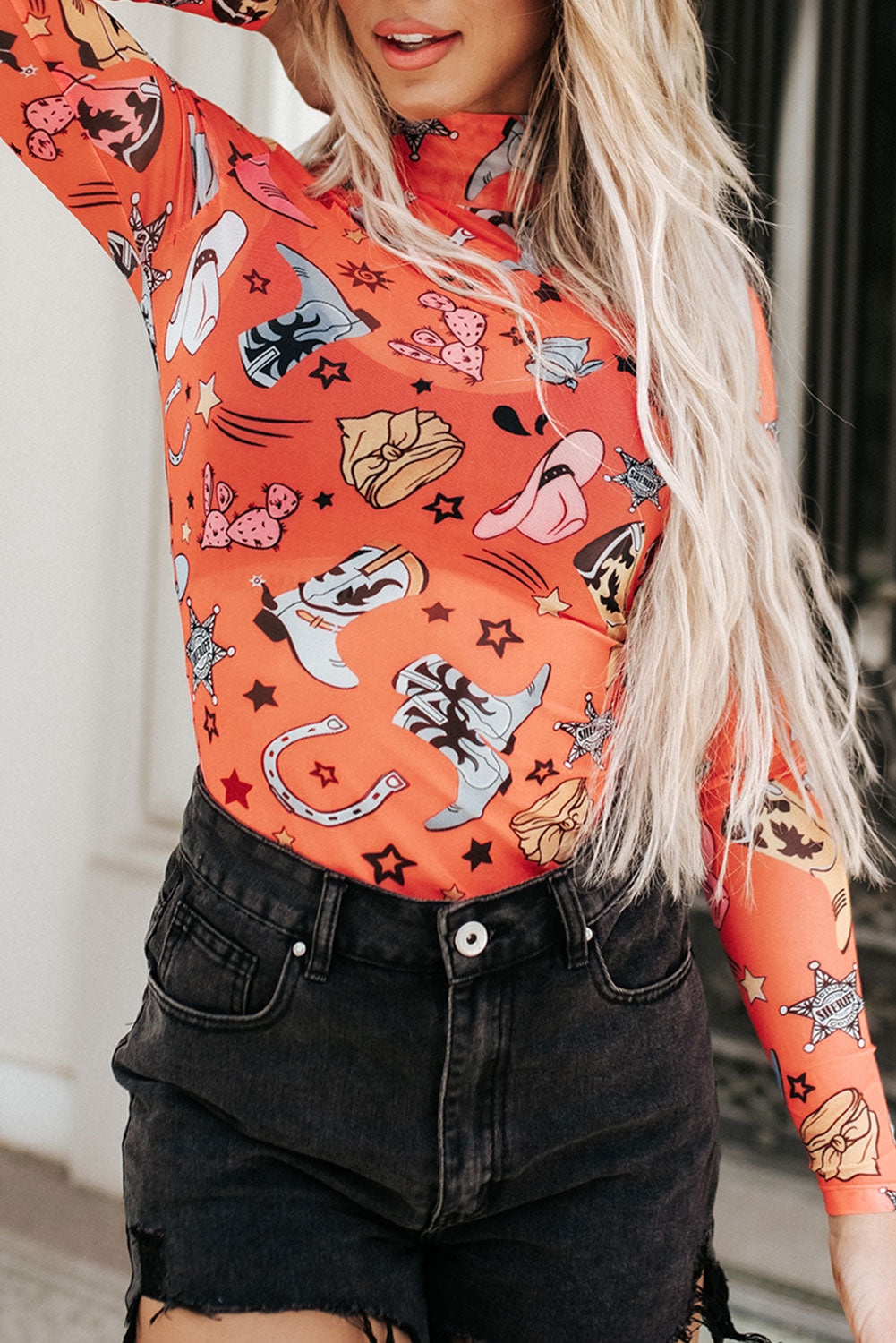 Orange Rodeo Bound Printed Long Sleeve Bodysuit