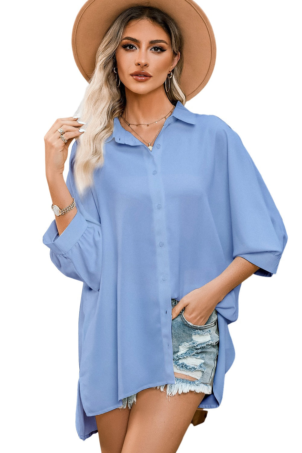 Green 3/4 Puff Sleeve Oversize Shirt