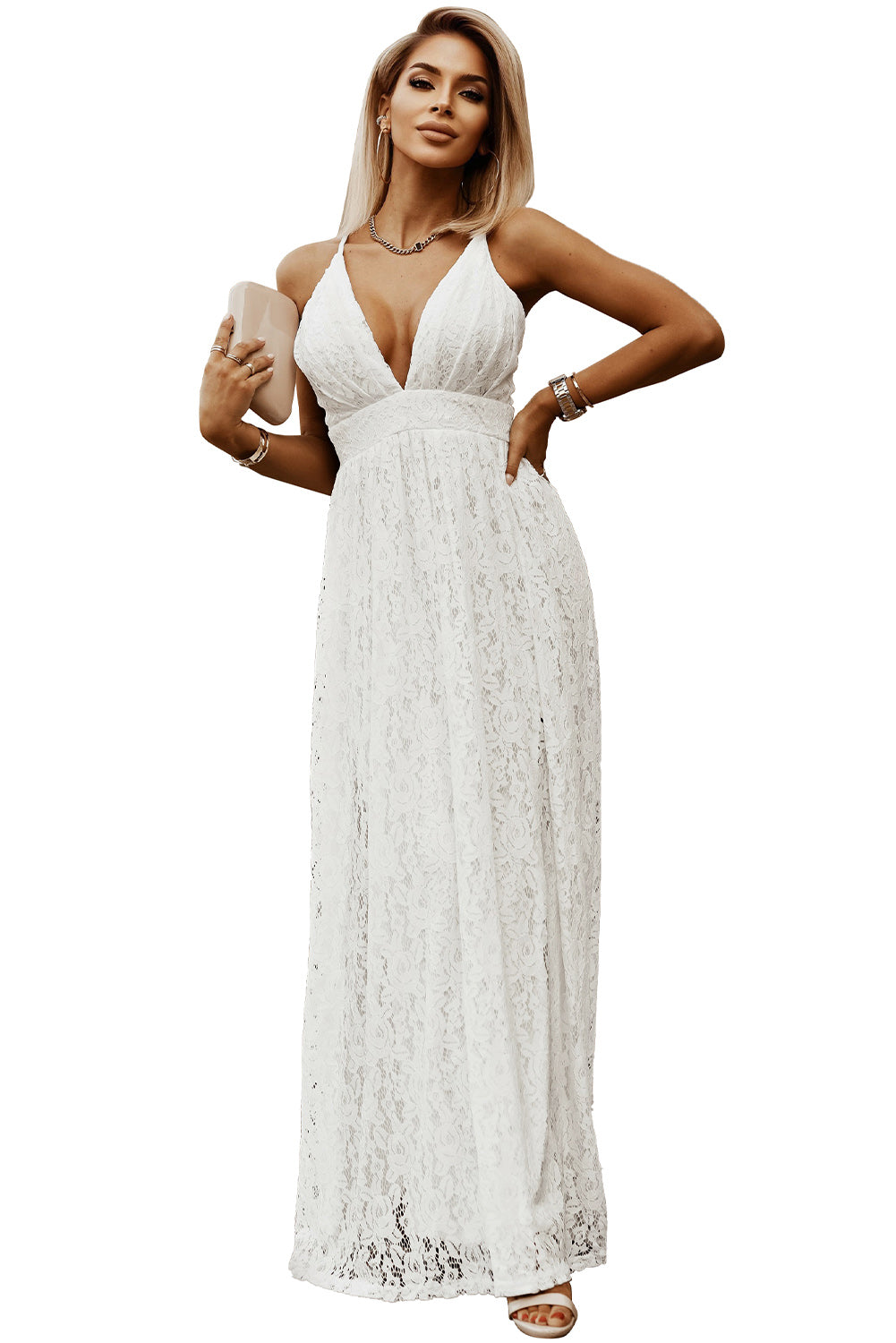 White Floral Lace Open Back Maxi Party Dress