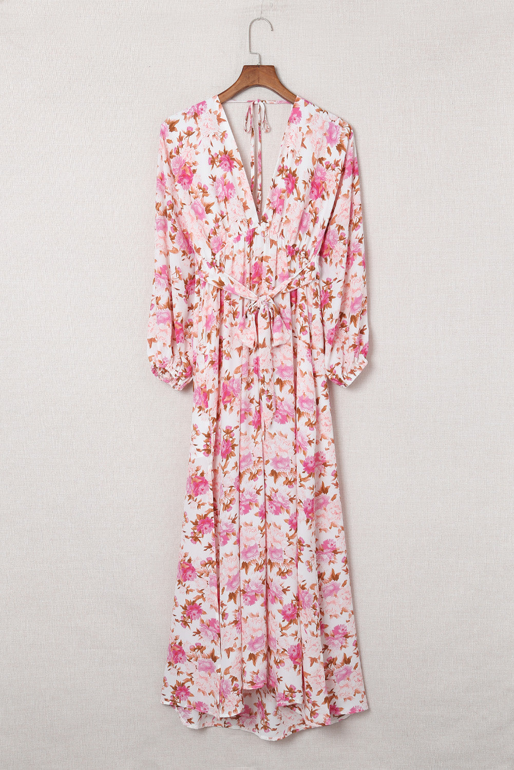 Purple Deep V Neck Ruched High Waist Floral Maxi Dress