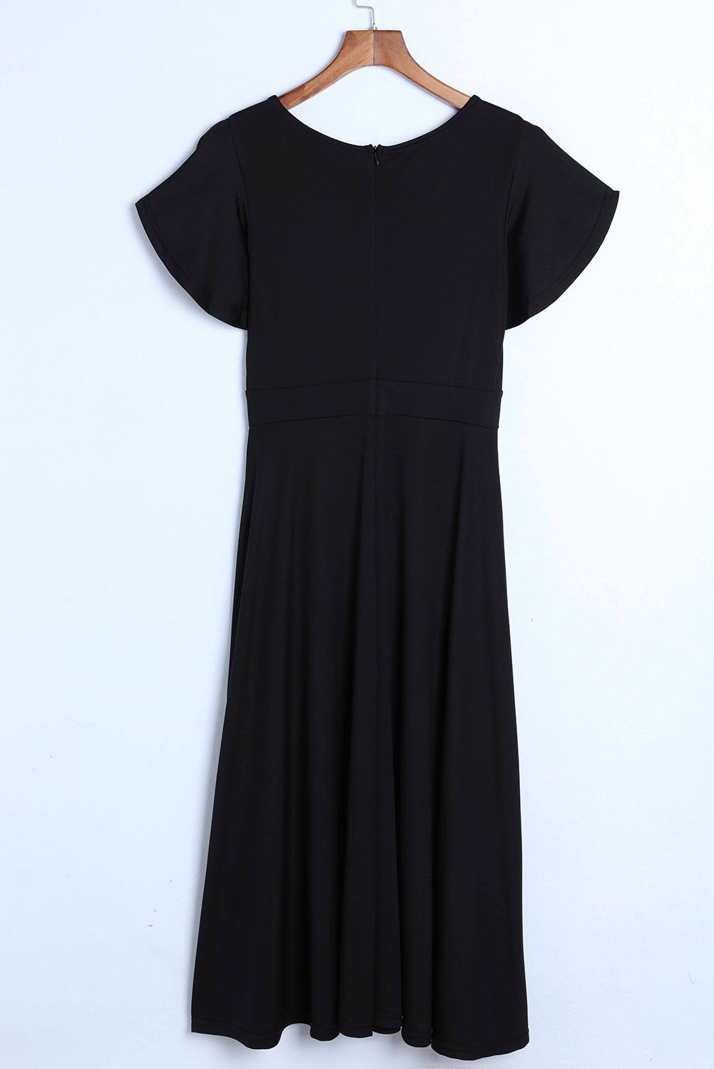 Black Ruffled Sleeve Wrap V Neck Midi Dress