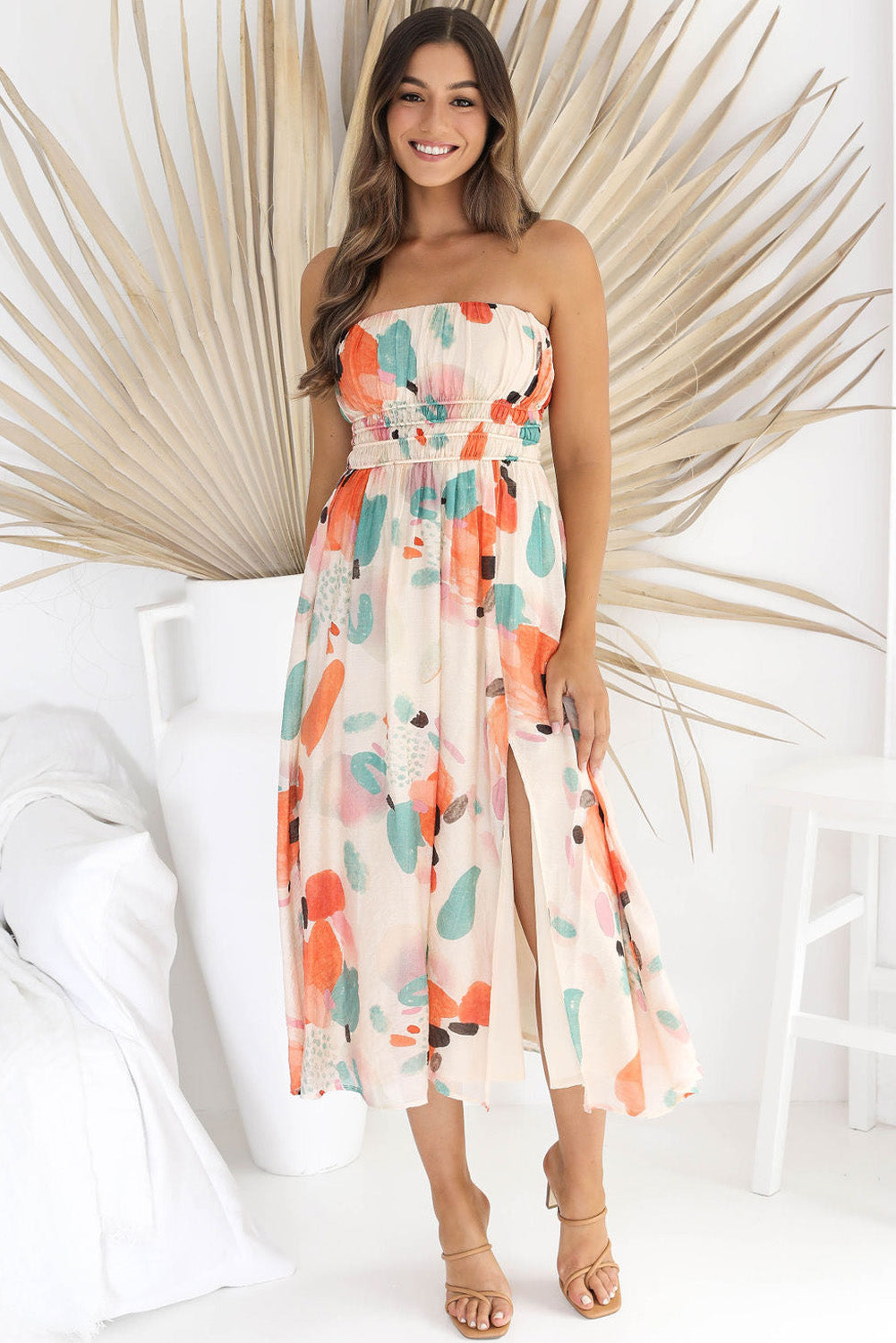 Khaki Strapless Shirred Abstract Print Split Long Dress