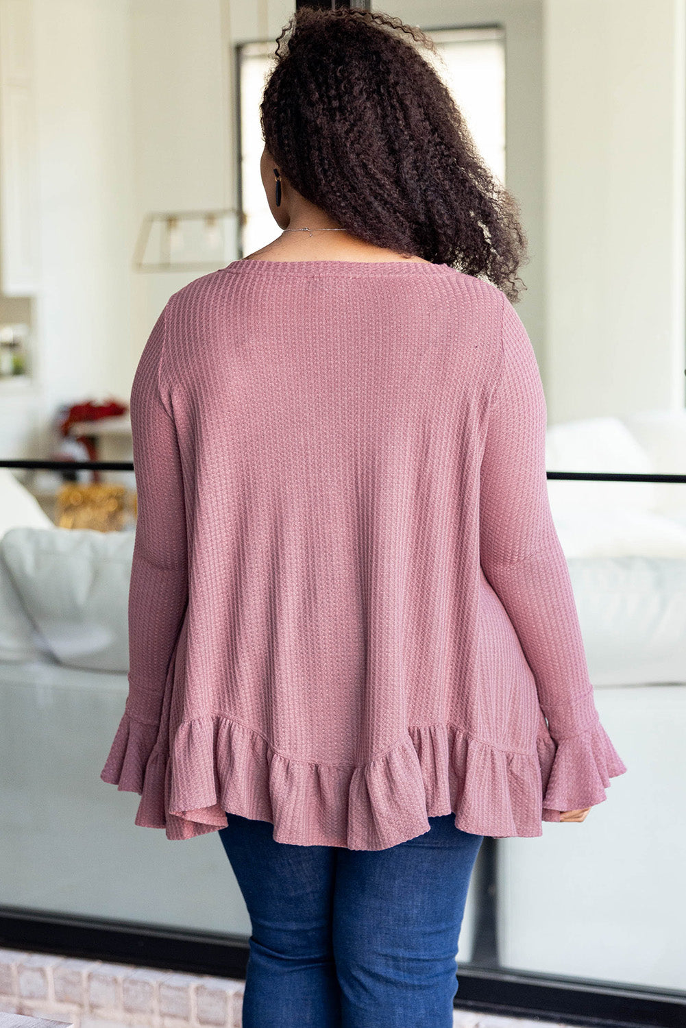 Pink Plus Size Ruffled Waffle Knit Babydoll Top