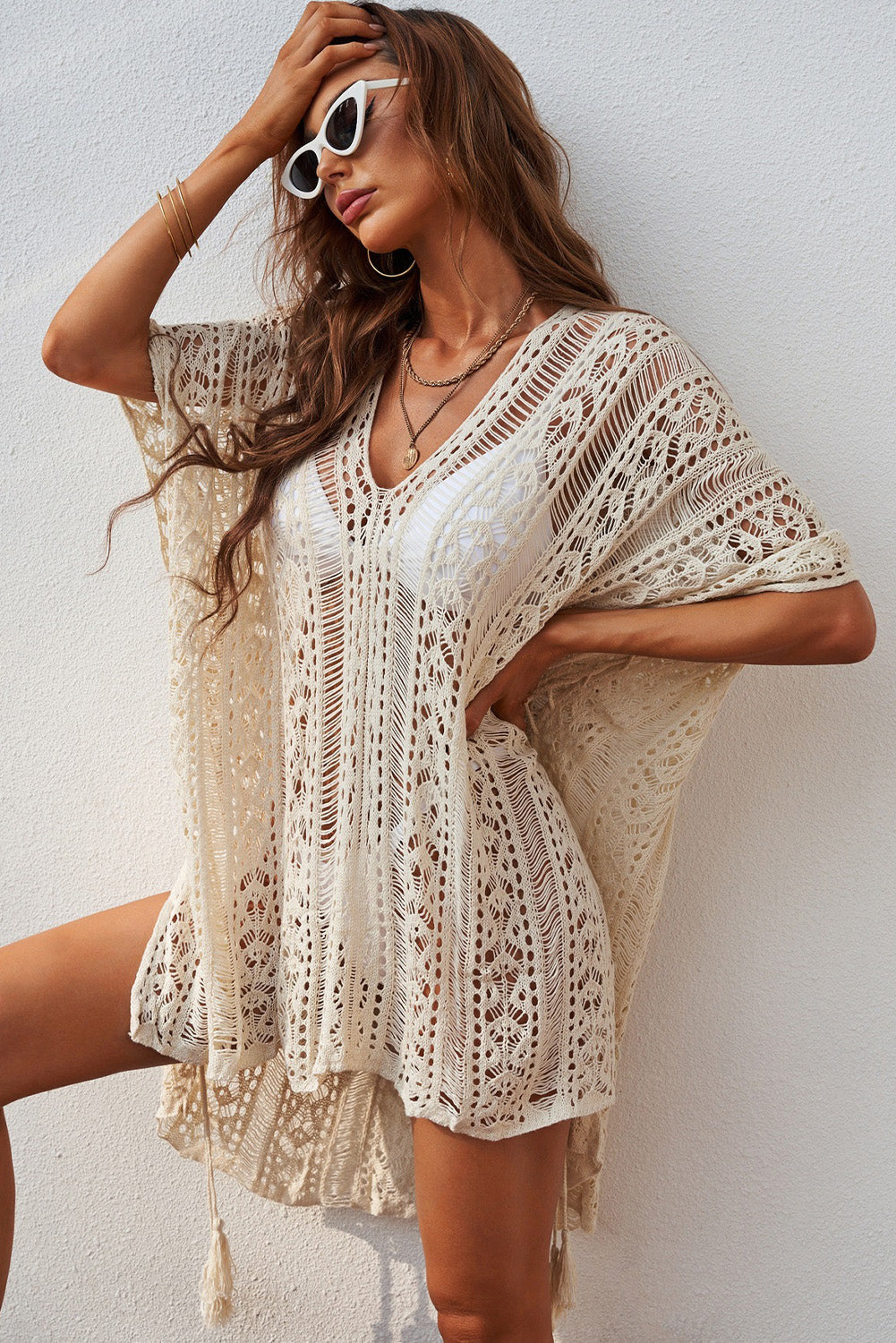 White Crochet Knitted Tassel Tie High Low Beachwear