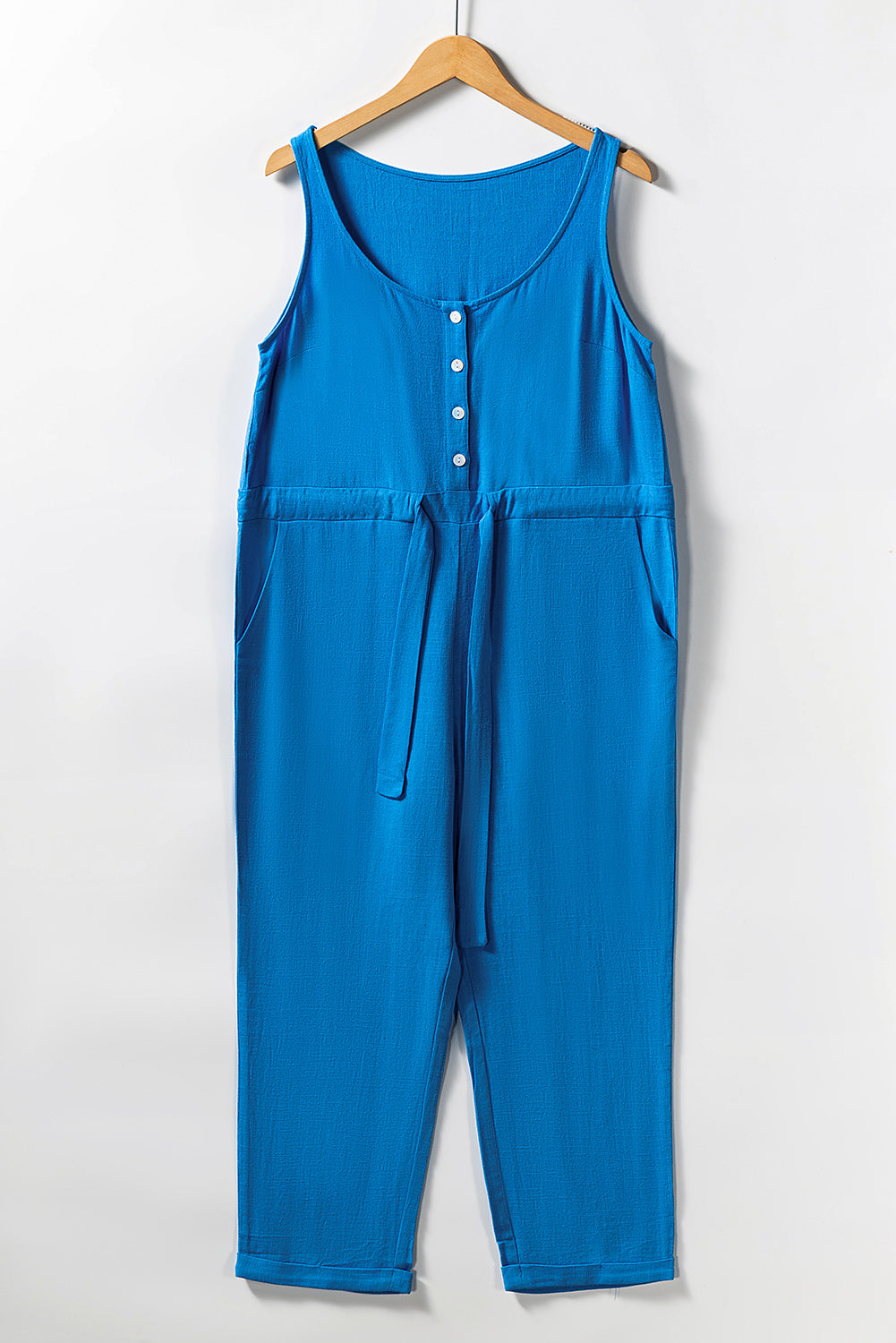 Sky Blue Button Drawstring High Waist Sleeveless Cropped Jumpsuit