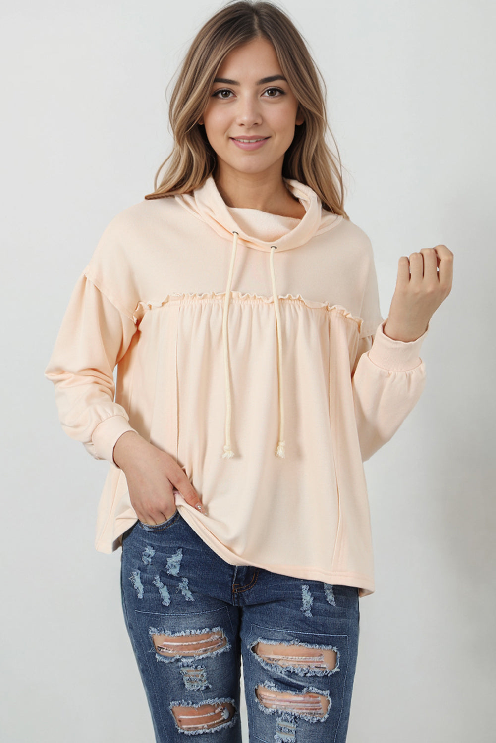 Beige Frill Exposed Seam Cowl Neck Oversized Sweatshirt