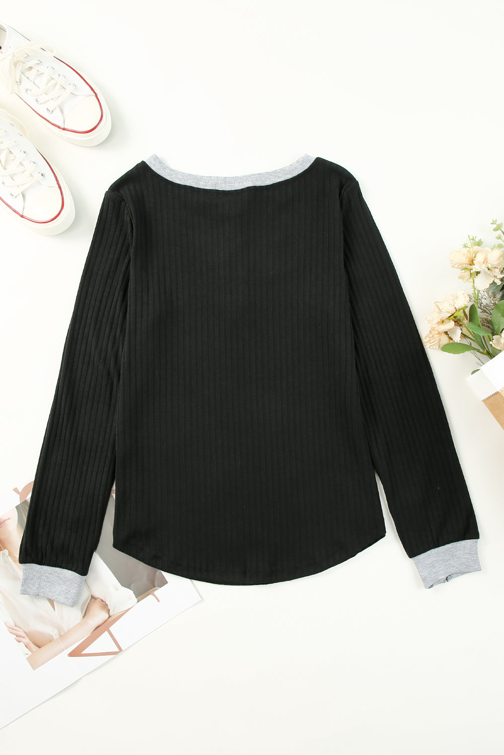 Black Contrast Neckline Ribbed Knit Henley Top