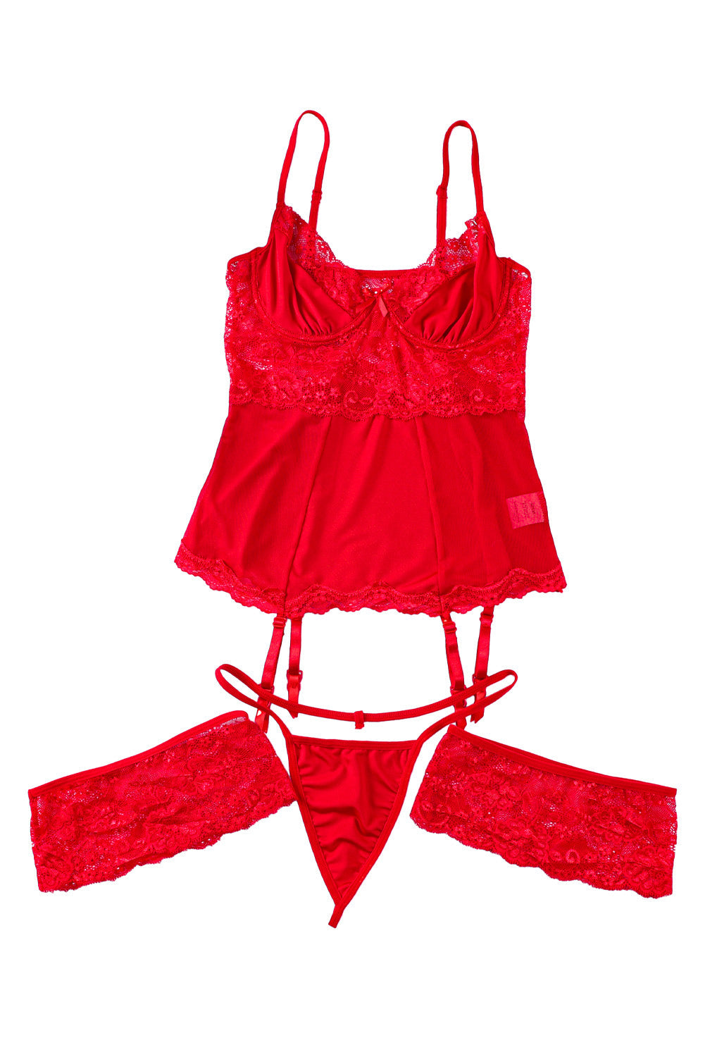 Red Lace Mesh Patchwork Bustier 3pcs Lingerie Set