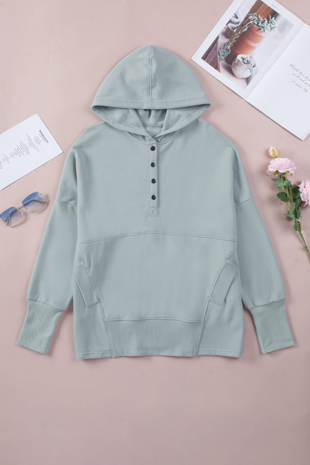 Turquoise Batwing Sleeve Pocketed Henley Hoodie