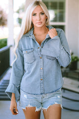 Sky Blue Chest Pockets Bell Sleeve Buttoned Denim Jacket