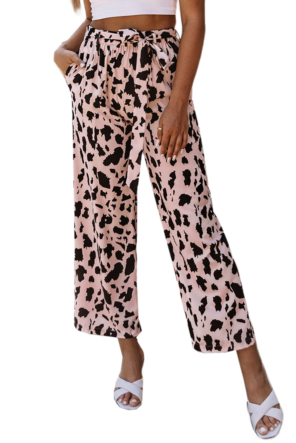 Pink Geometric Print Elastic Waist Pants with Tie