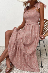 Pink Spotted Tie Shoulder Straps Ruffle Dress