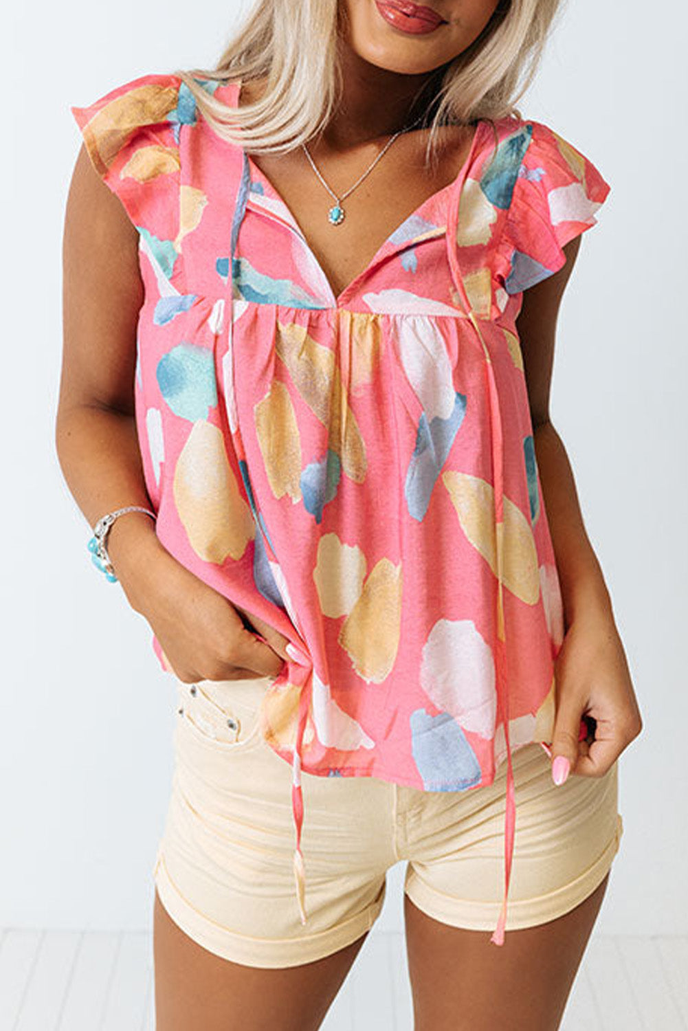 Sky Blue Splotches Pattern Ruffled Cap Sleeve Shift Top