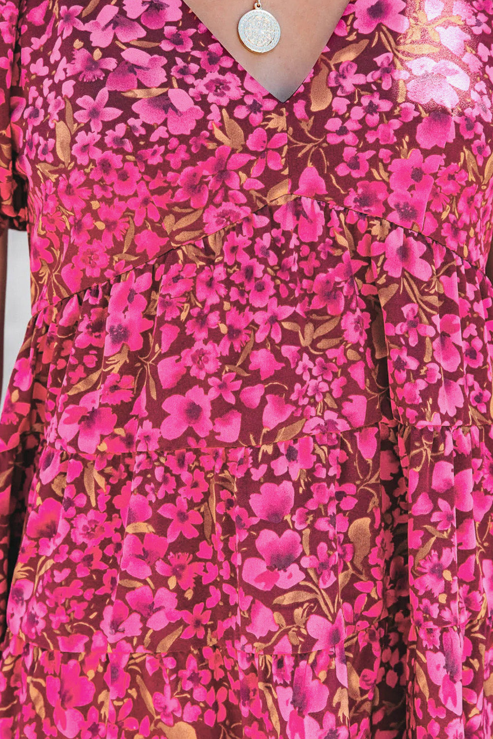 Khaki Floral Print Tiered Flutter Sleeve V Neck Top