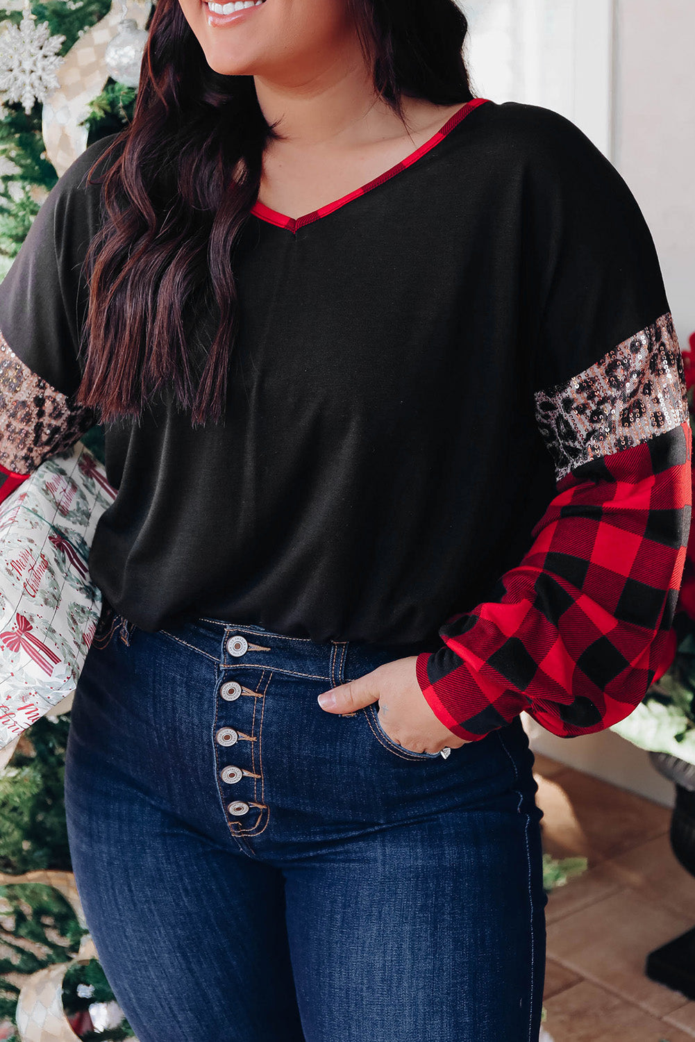 Black Sequined Leopard Insert Plaid Sleeve Plus Size Top