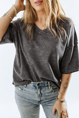 Gray Waffle Knit Seamed Half Sleeve V Neck Top