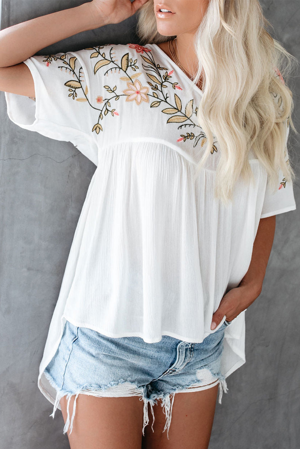 White Floral Embroidered V Neck Crinkle Babydoll Blouse