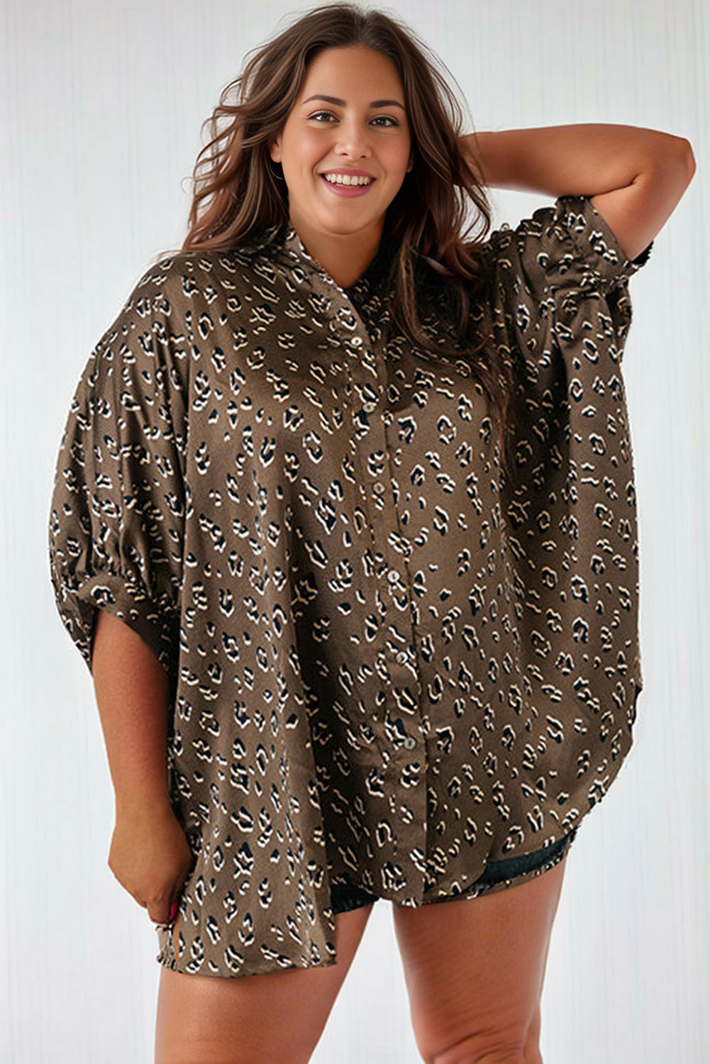 Leopard Buttoned Batwing Sleeve Plus Size Shirt