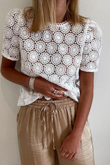 White Crochet Lace Hollowed Short Sleeve Top