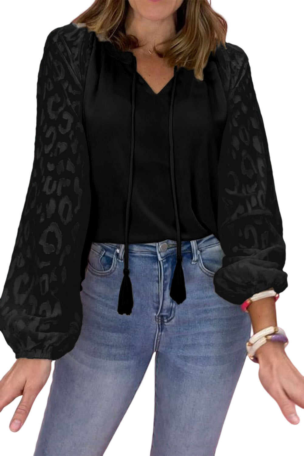 Black Leopard Mesh Bubble Sleeve Split Neck Blouse