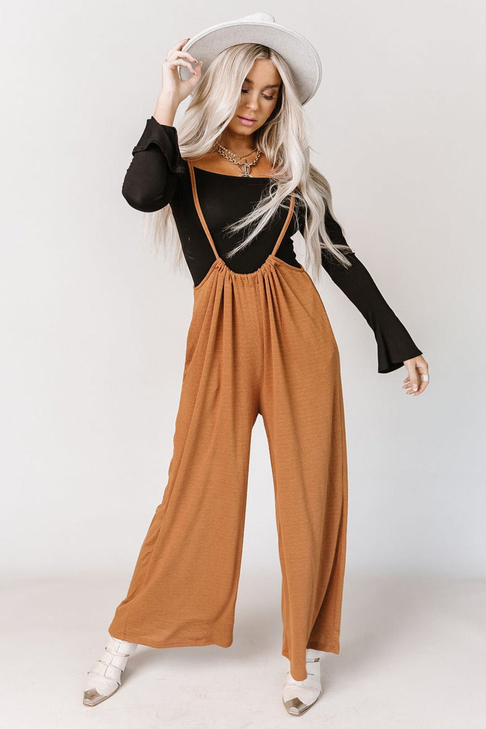 Orange High Rise Wide Leg Suspender Pants