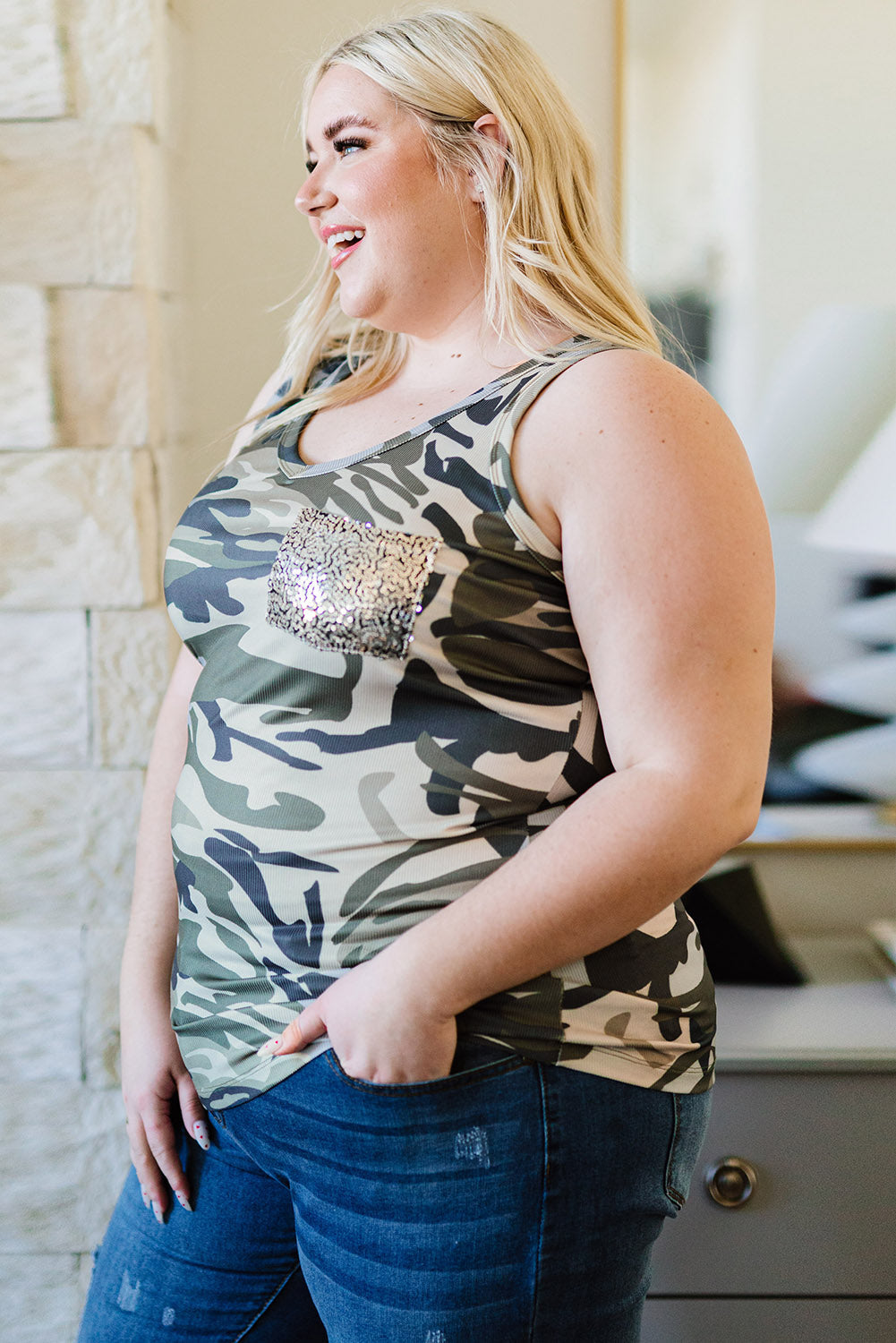 Green Sequin Pocket Camouflage Plus Size Vest