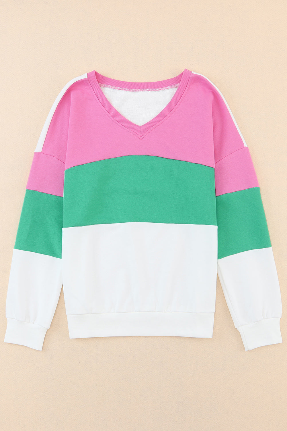 Pink Ribbed V Neck Color Block Patchwork Sweatshirt