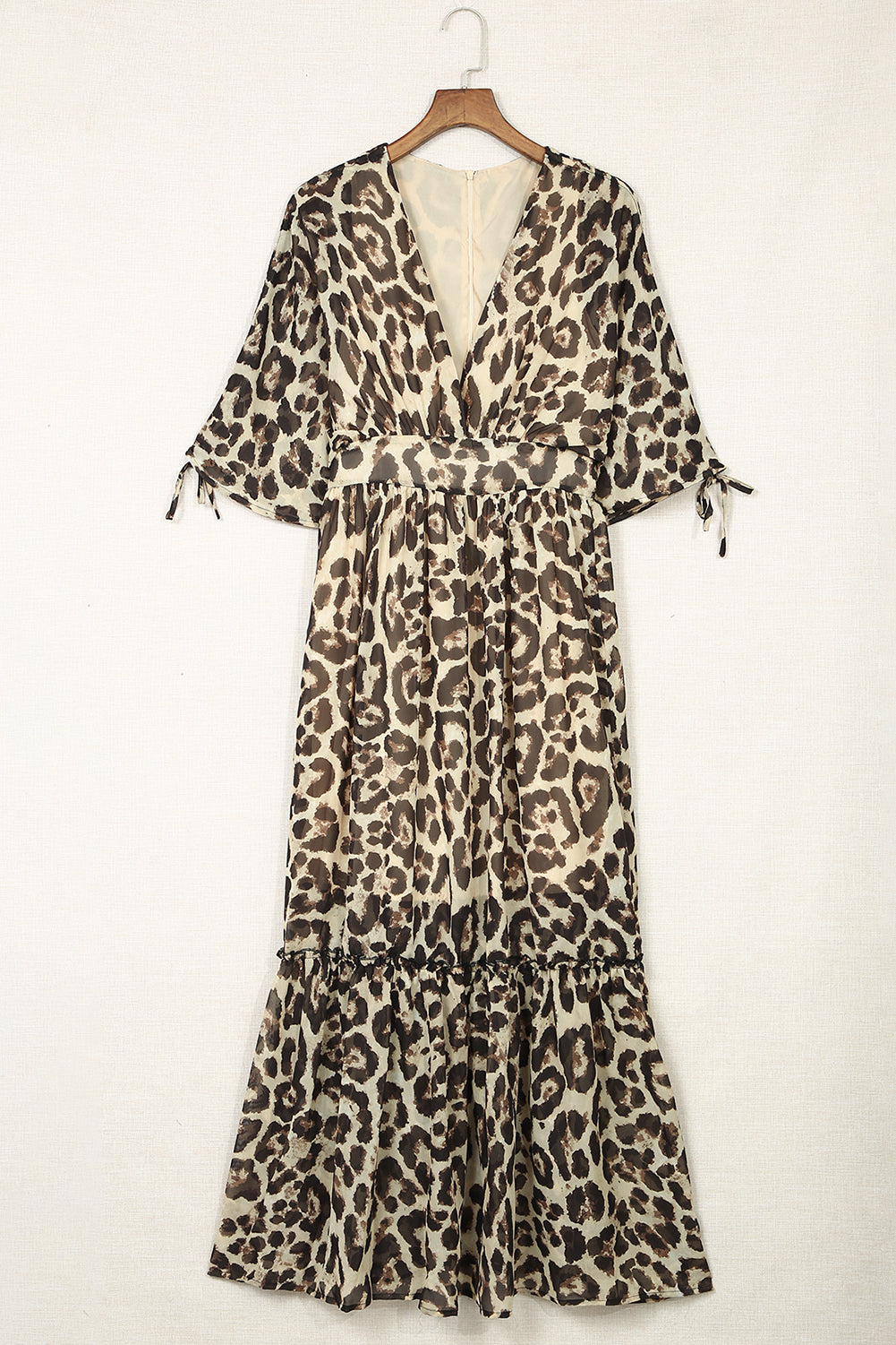 Leopard Print Drawstring V Neck High Waist Long Dress