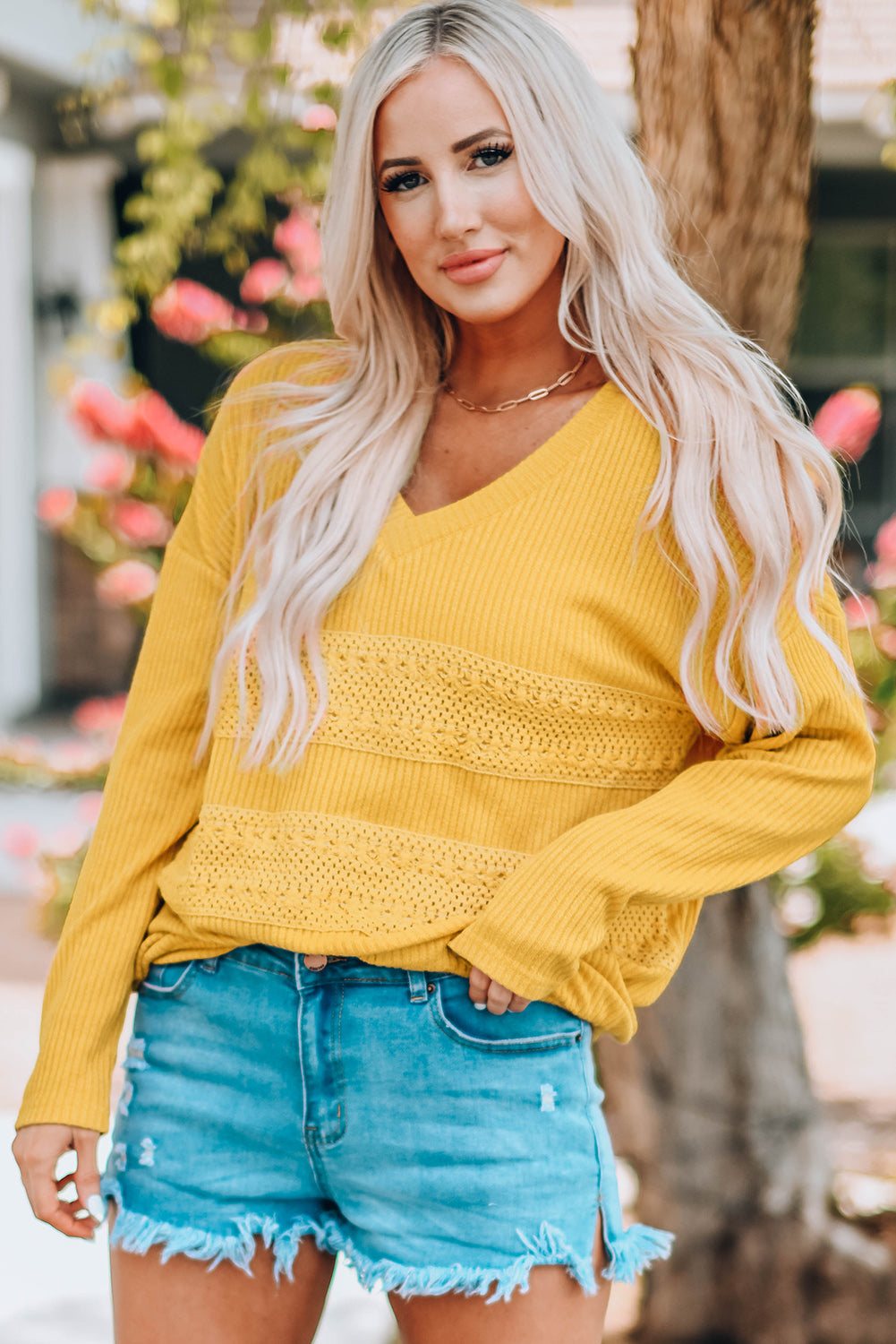 Yellow Lace Contrast Ribbed V Neck Top