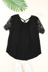 Black Cut Out Lace Patchwork Short Sleeve Top