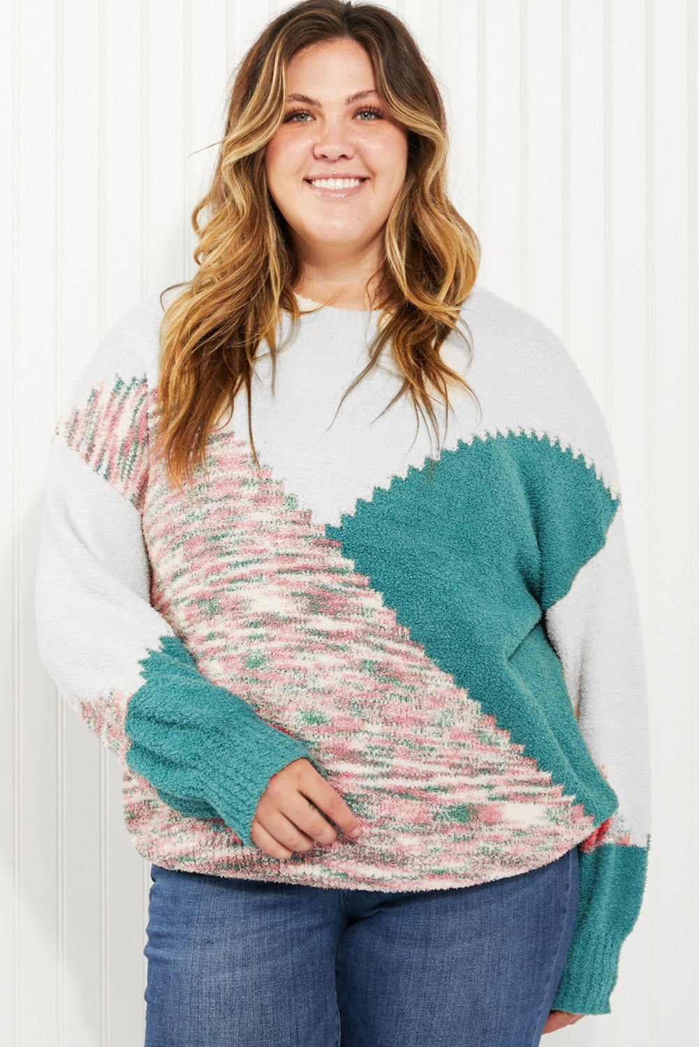 Multicolor Scalloped Color Block Plus Size Sweater