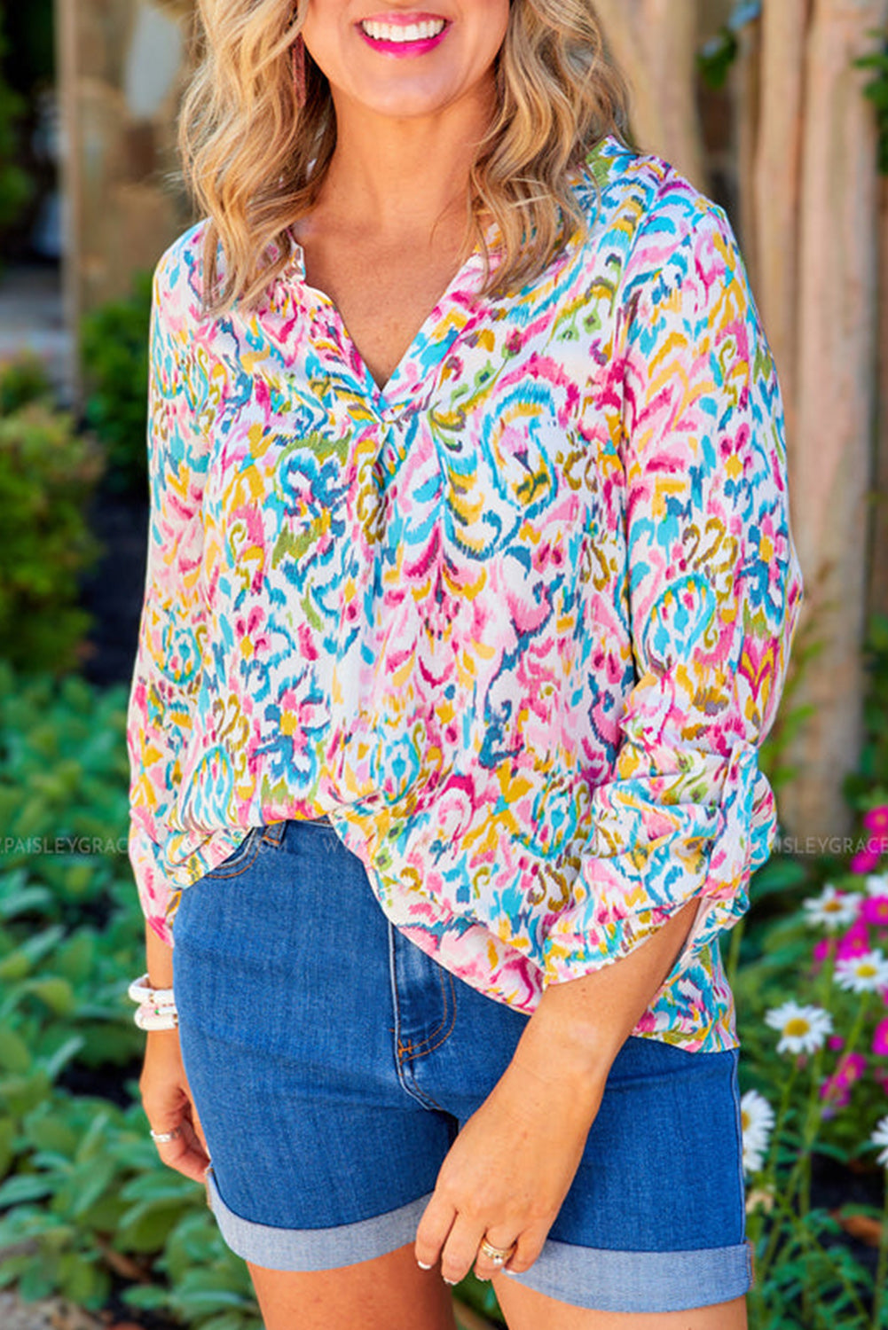 Multicolor Plus Size Geometric Print Notched V-Neck Blouse
