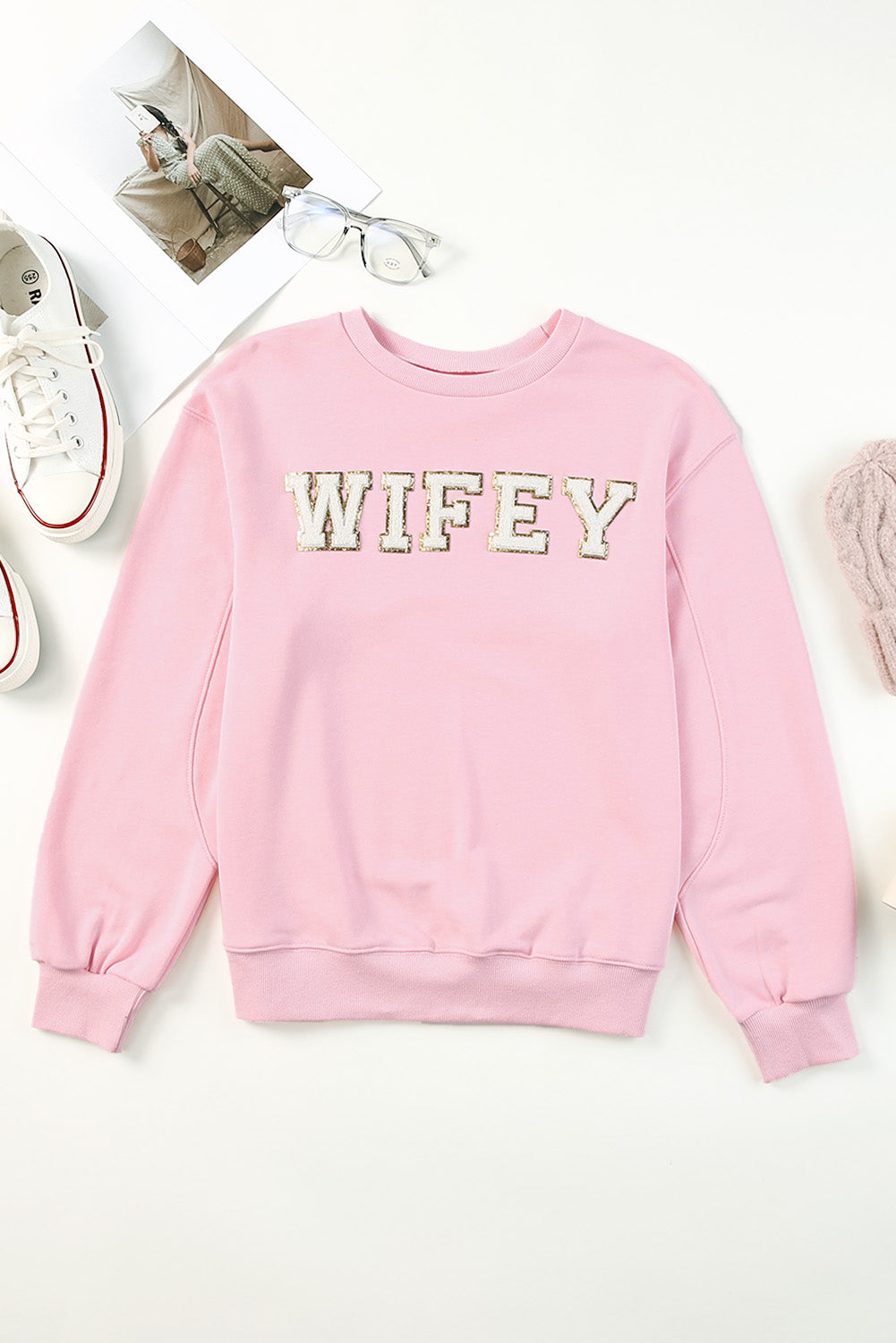 Pink WIFEY Graphic Crew Neck Pullover Sweatshirt