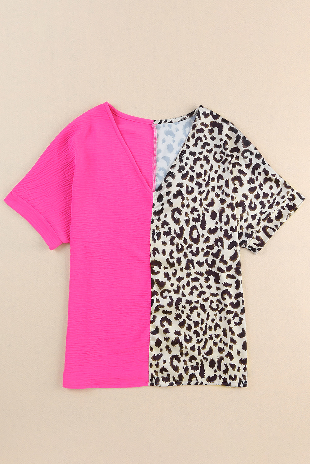 Rose Leopard Color Block Roll Tab Sleeve V Neck Top