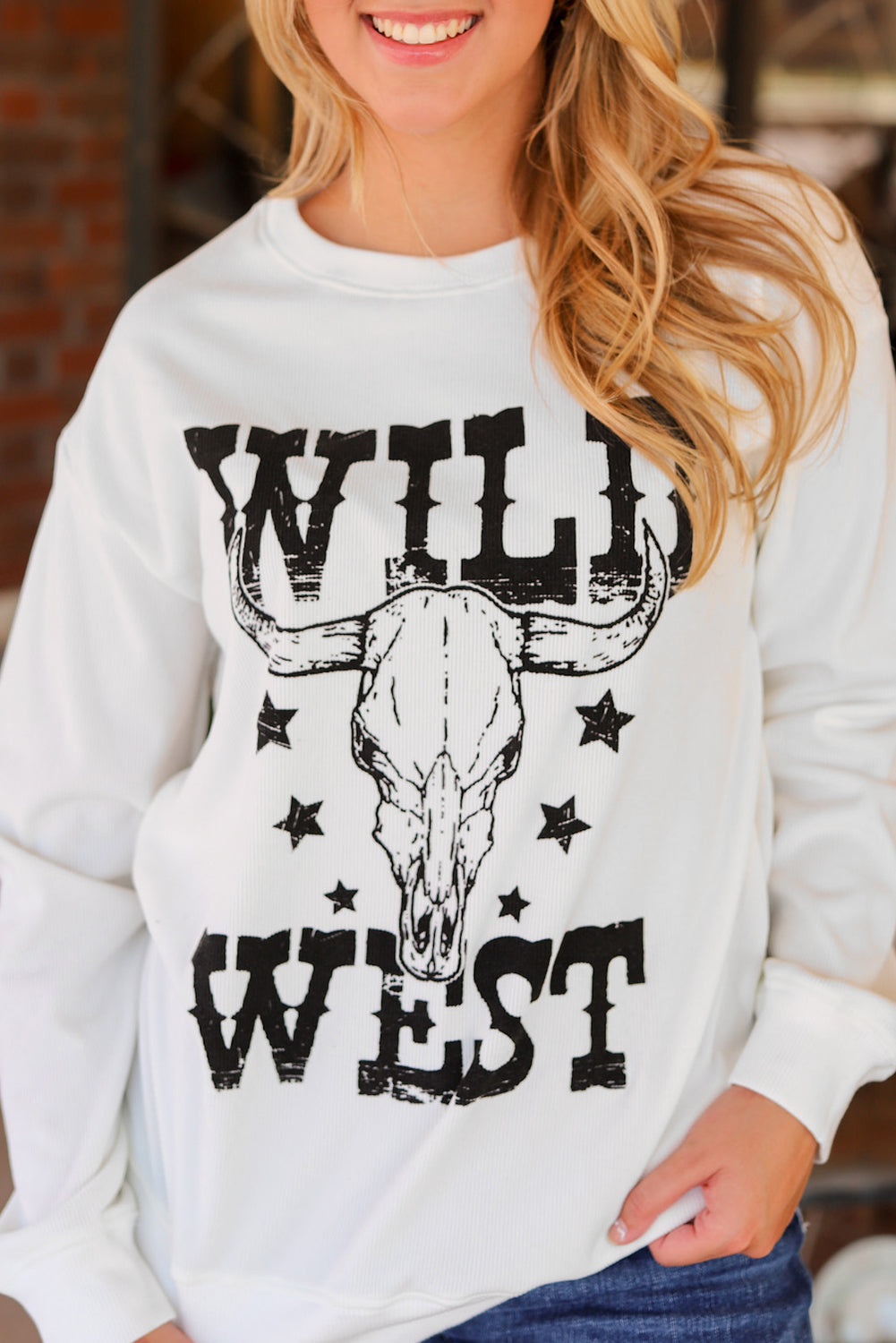 White WILD WEST Steer Skull Graphic Ribbed Sweatshirt