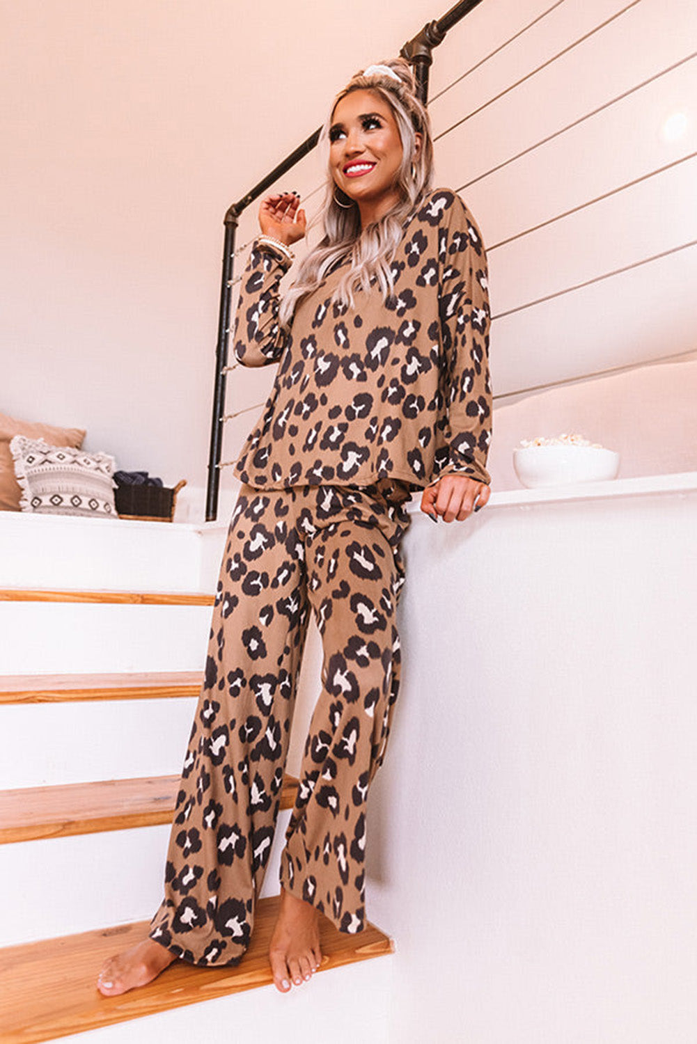 Brown Leopard Print Long Sleeve Pullover and Pants Outfit