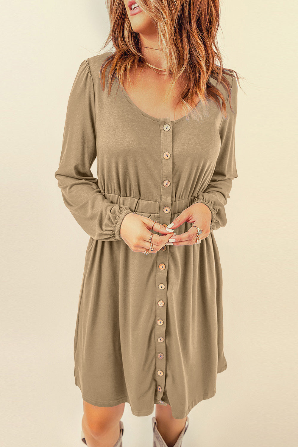 Red Button Up High Waist Long Sleeve Dress