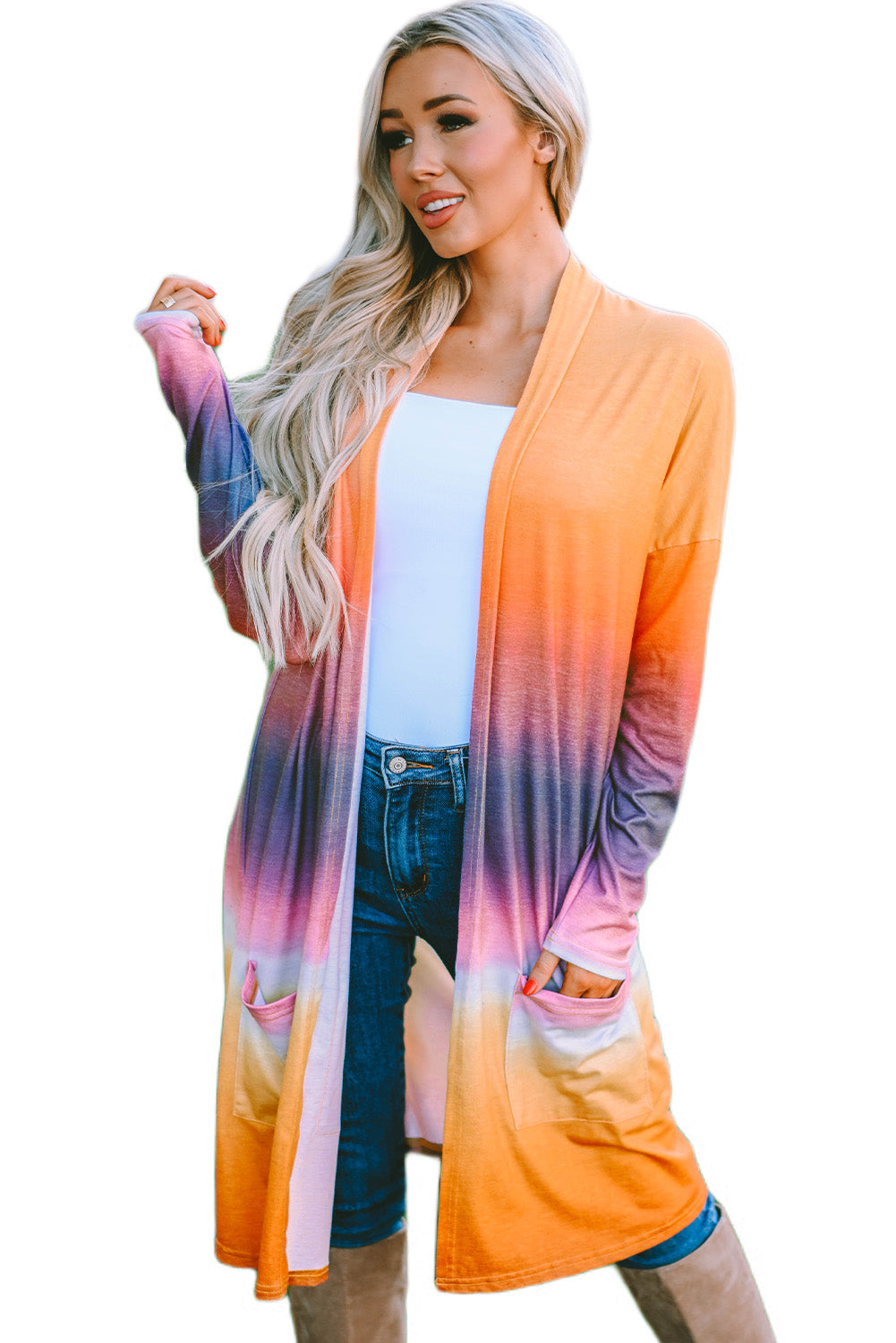 Yellow Gradient Tie-dye Open Front Mid-length Cardigan