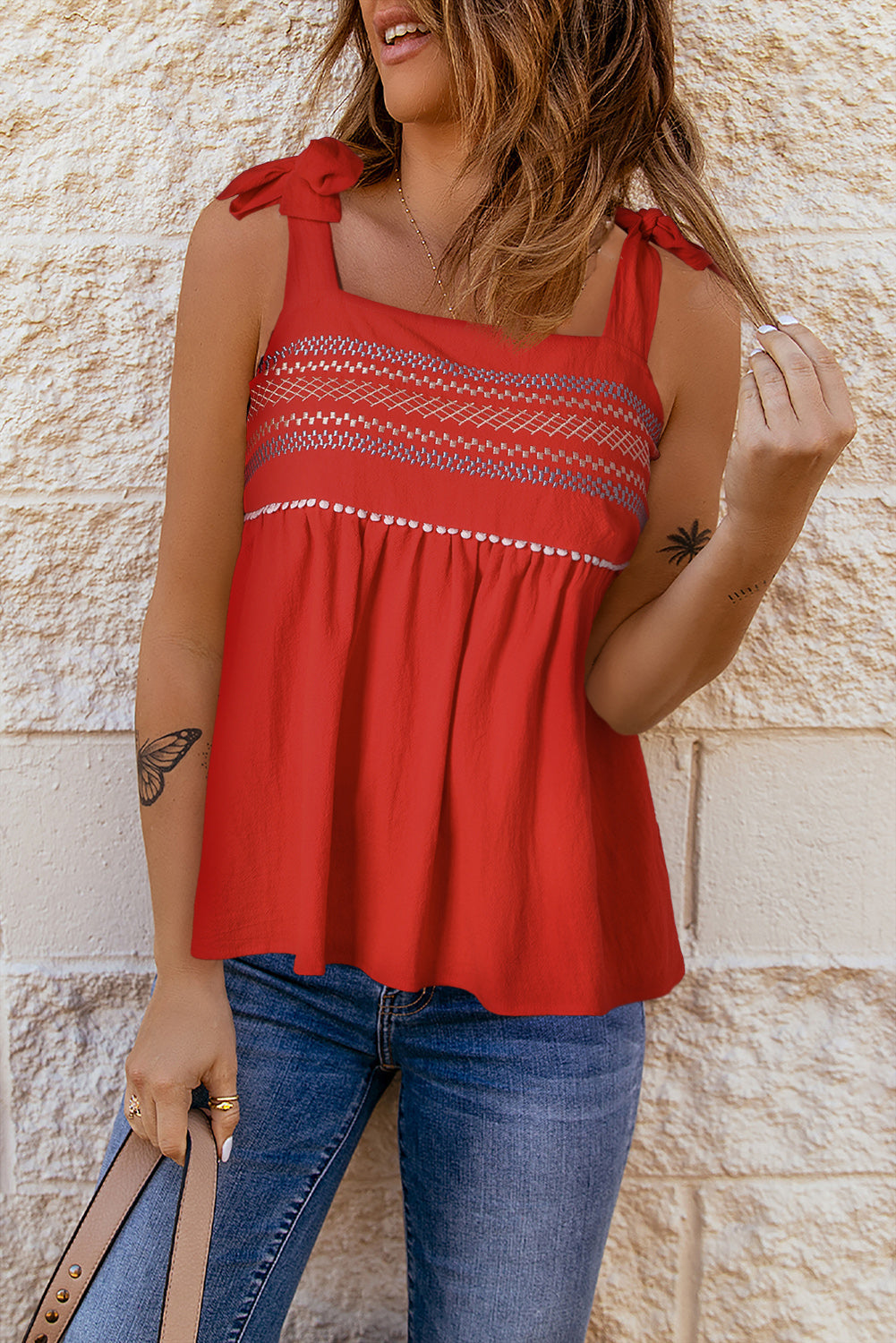 Red Embroidered Babydoll Tie Strap Tank Top