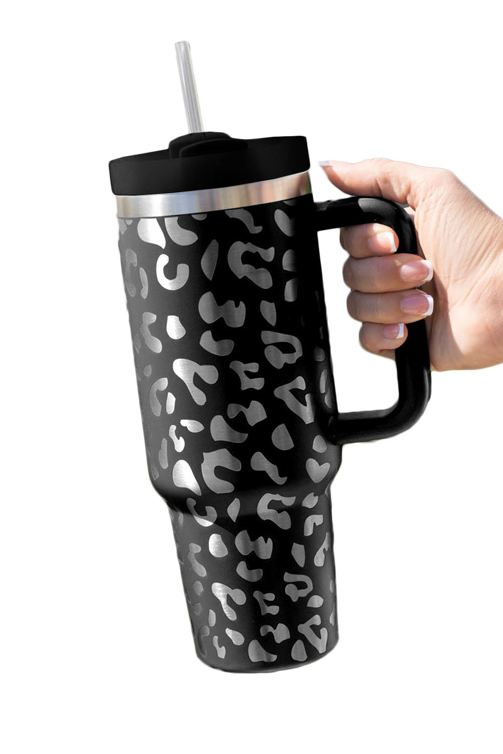 White Leopard Print 40OZ Stainless Steel Portable Cup with Handle