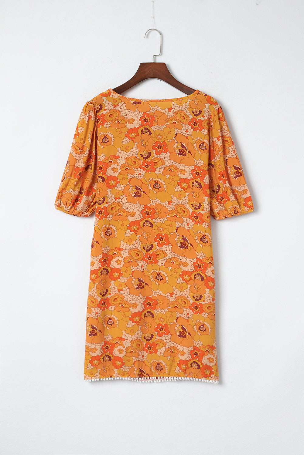 Yellow Puff Sleeve Floral Dress with Pompom Trim