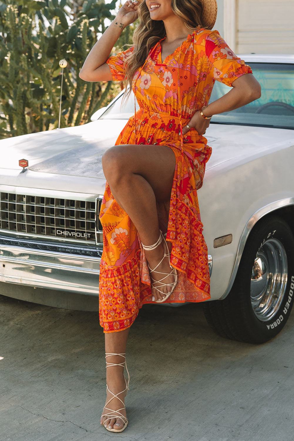 Orange Boho Floral Smocked Waist Maxi Dress with Slit
