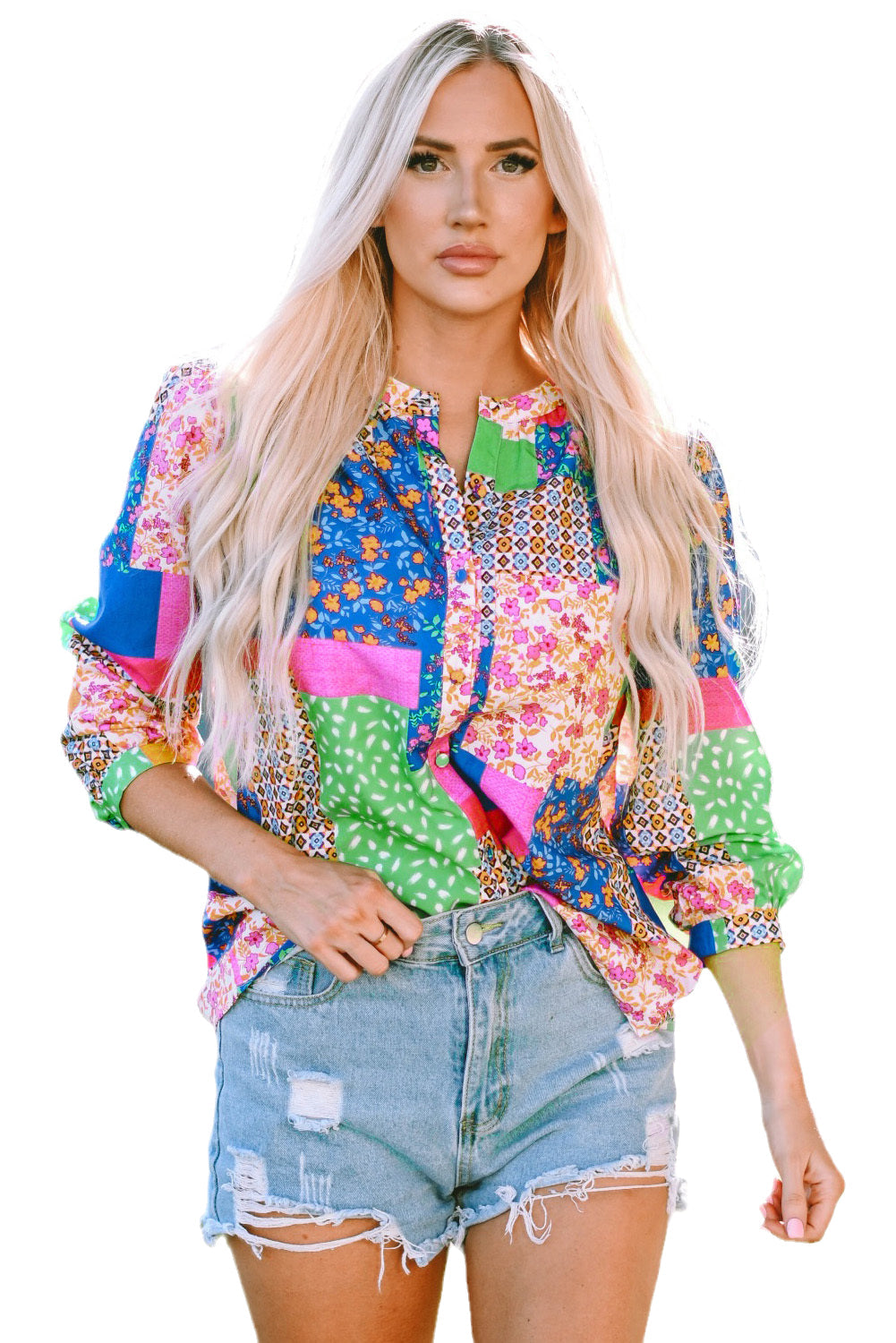 Multicolor Floral Patchwork Print Buttoned Puff Sleeve Shirt