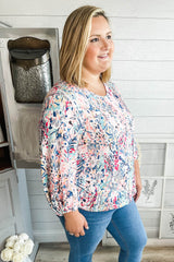 Multicolor Plus Size Floral Print Round Neck Long Sleeve Blouse