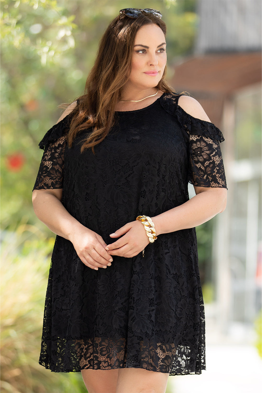 Black Cold Shoulder Lace Plus Size Dress