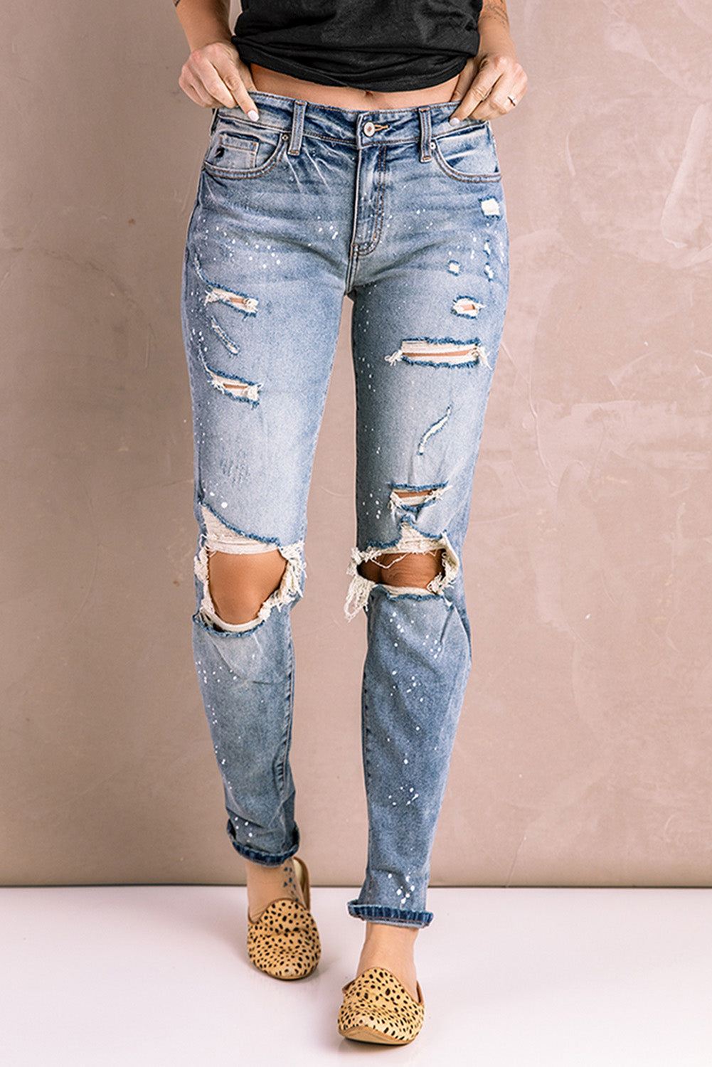 Sky Blue Distressed Faded Splatter Denim Pants