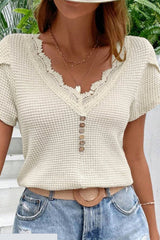 Beige Lace Splicing Waffle Knit Buttons Short Sleeve Blouse