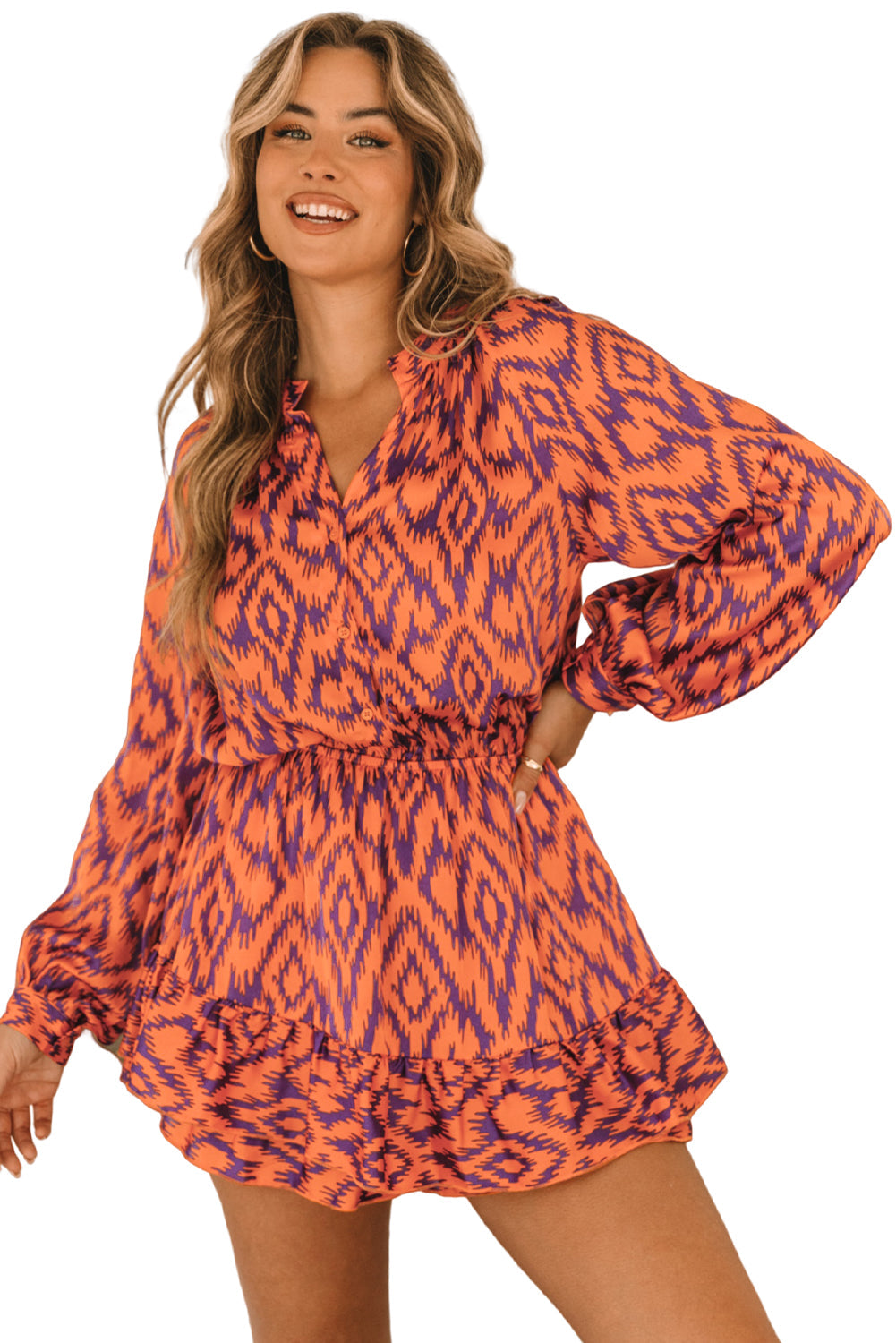 Orange Aztec Bubble Sleeve High Waist Romper