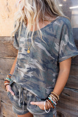 Green Classic Camo Print Slouchy Loungewear Shorts Set