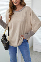 Khaki Contrast Cuffs Batwing Sleeve Loose Top